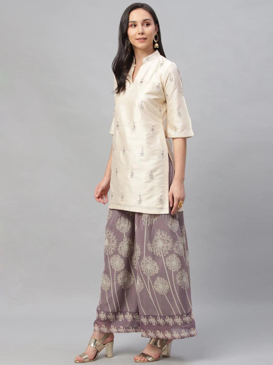 Beige Embroidered Chanderi Kurta Set