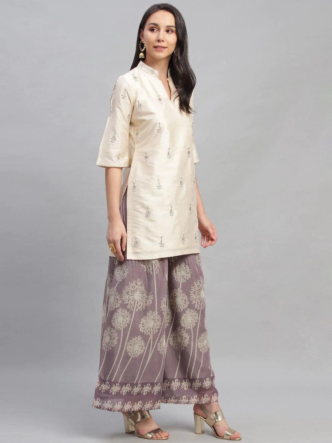 Beige Embroidered Chanderi Kurta Set