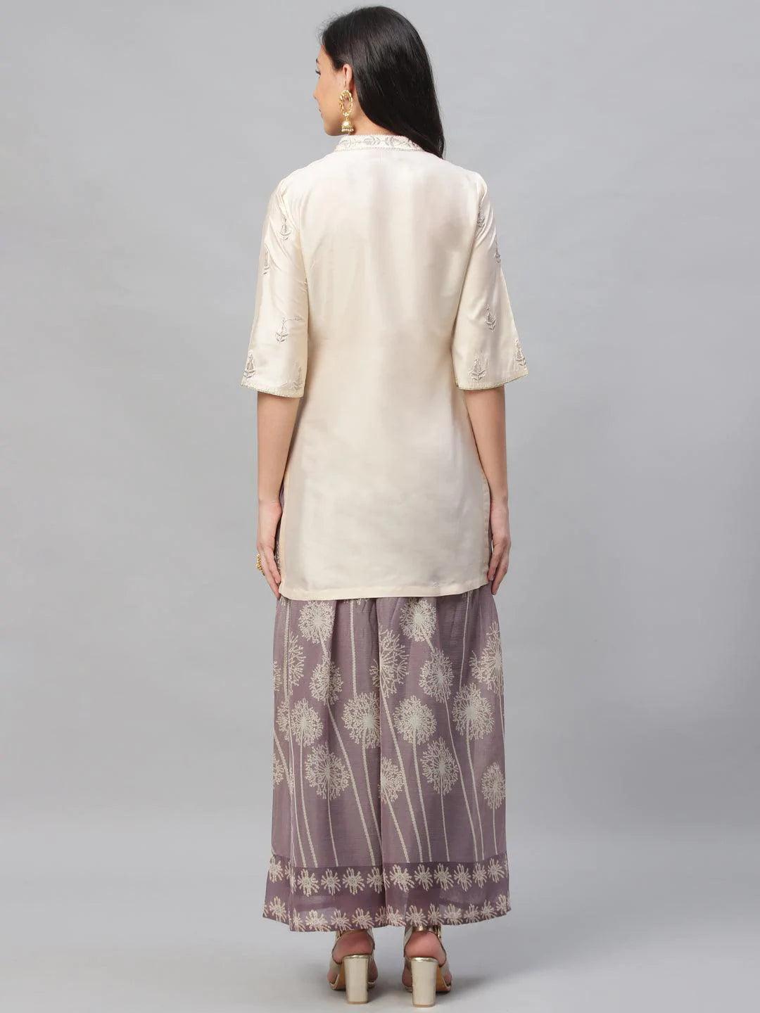 Beige Embroidered Chanderi Kurta Set