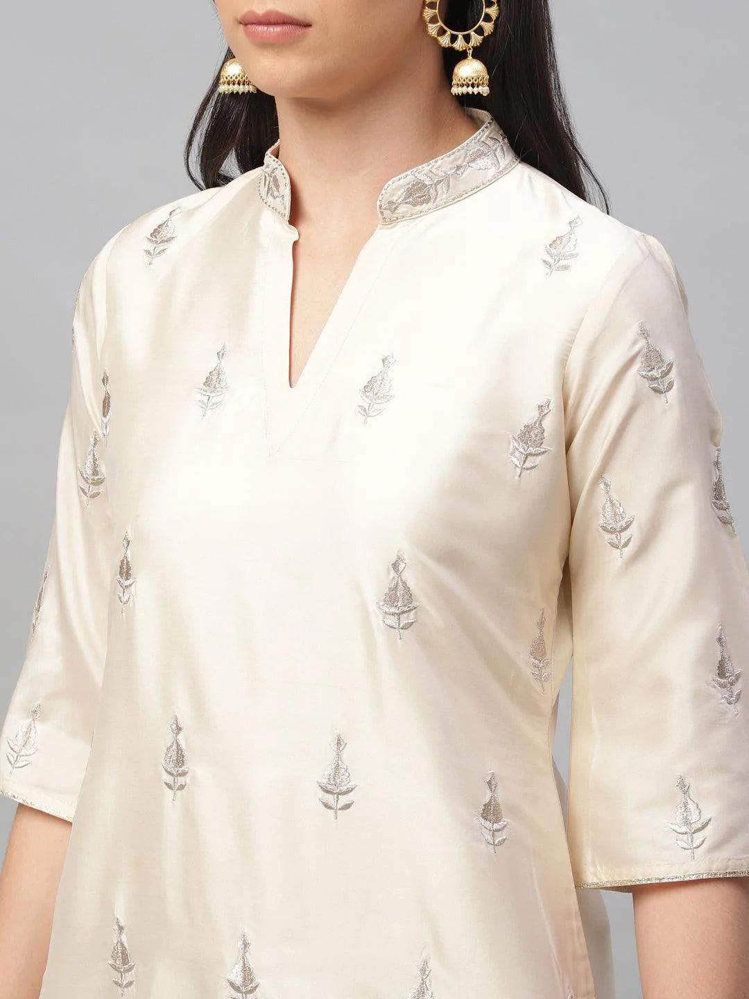 Beige Embroidered Chanderi Kurta Set