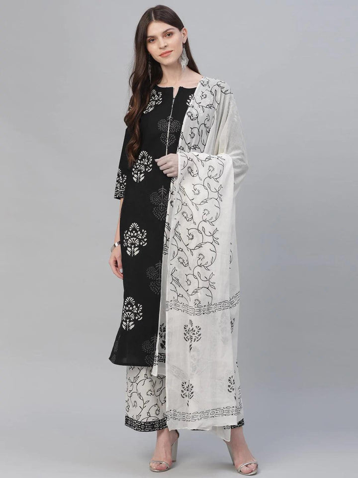 Black Printed Cotton Suit Set - ShopLibas