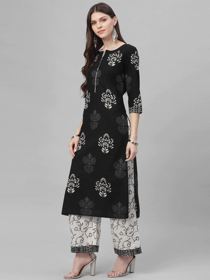 Black Printed Cotton Suit Set - ShopLibas