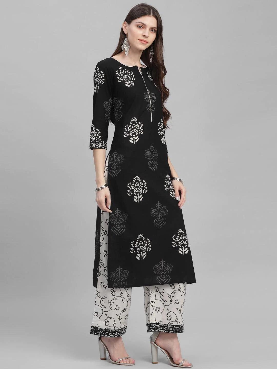 Black Printed Cotton Suit Set