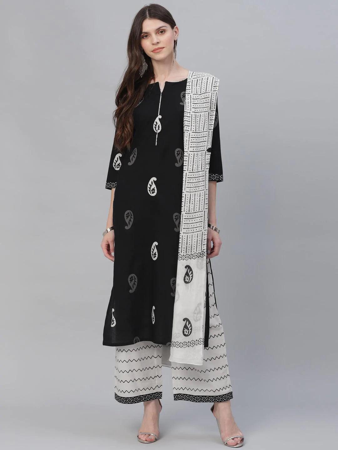 Black Printed Cotton Suit Set - ShopLibas