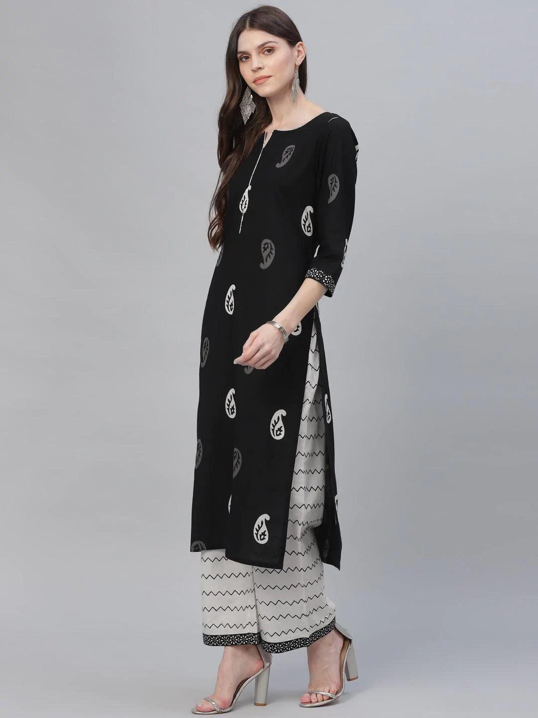 Black Printed Cotton Suit Set