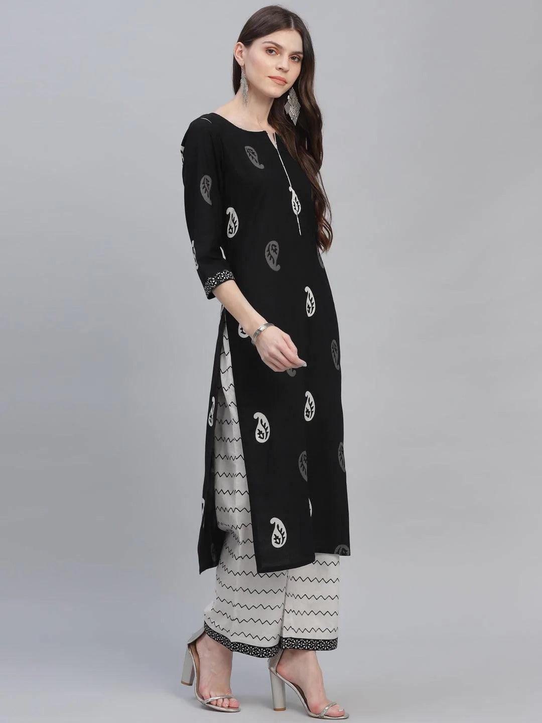 Black Printed Cotton Suit Set