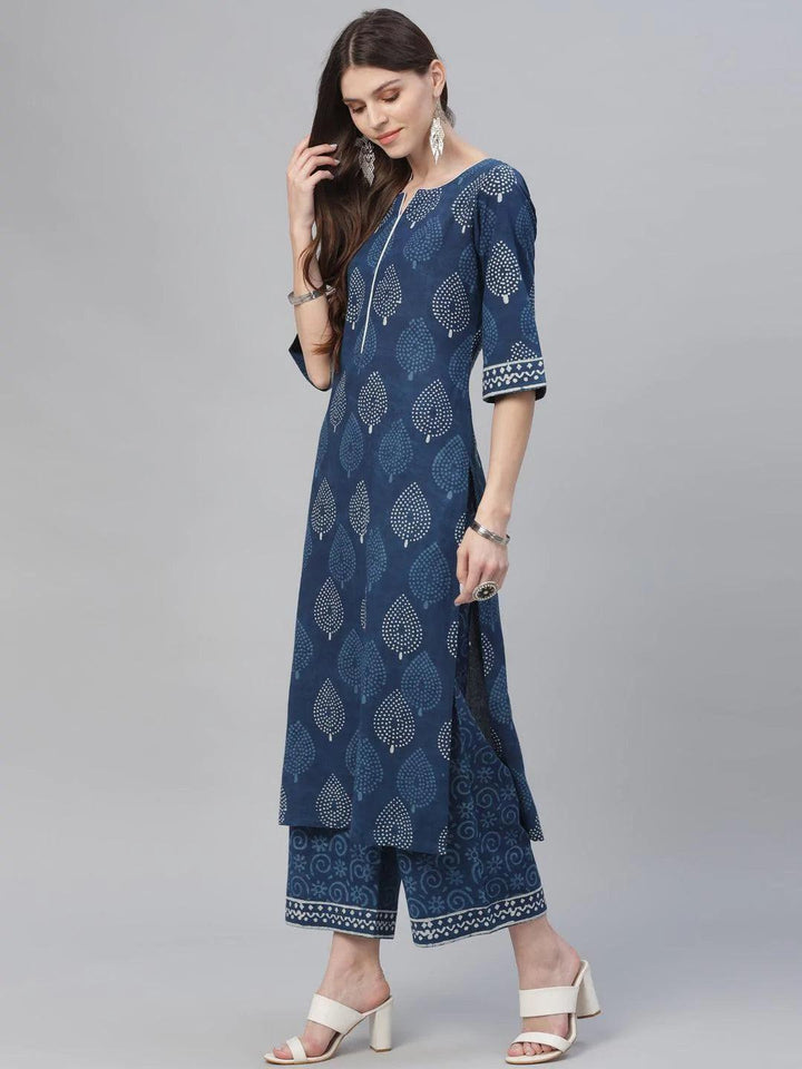 Blue Printed Cotton Suit Set - ShopLibas