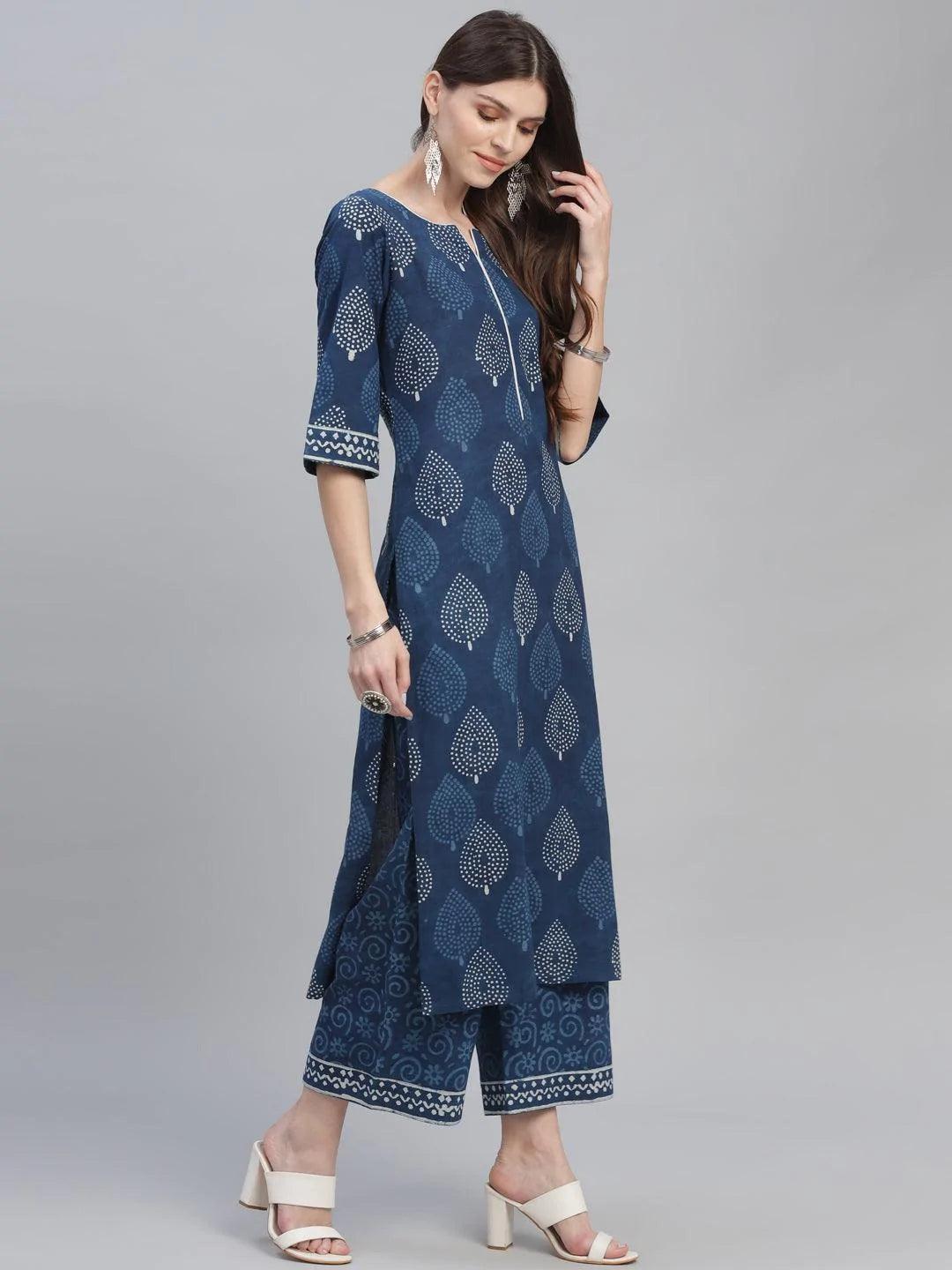 Blue Printed Cotton Suit Set - ShopLibas