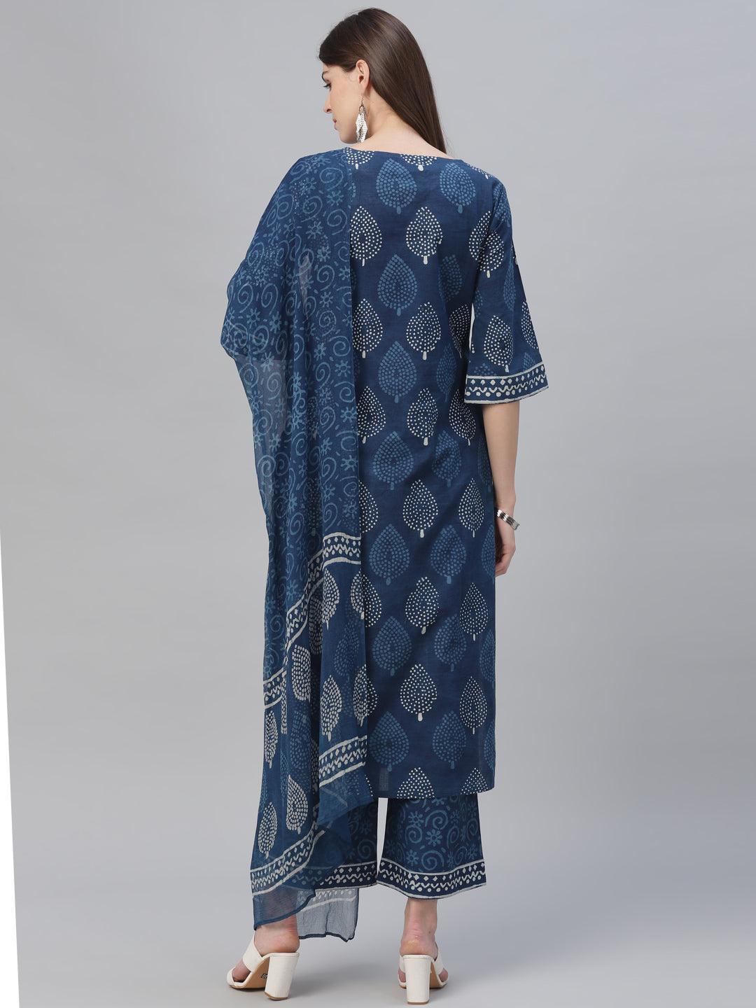 Blue Printed Cotton Suit Set - ShopLibas