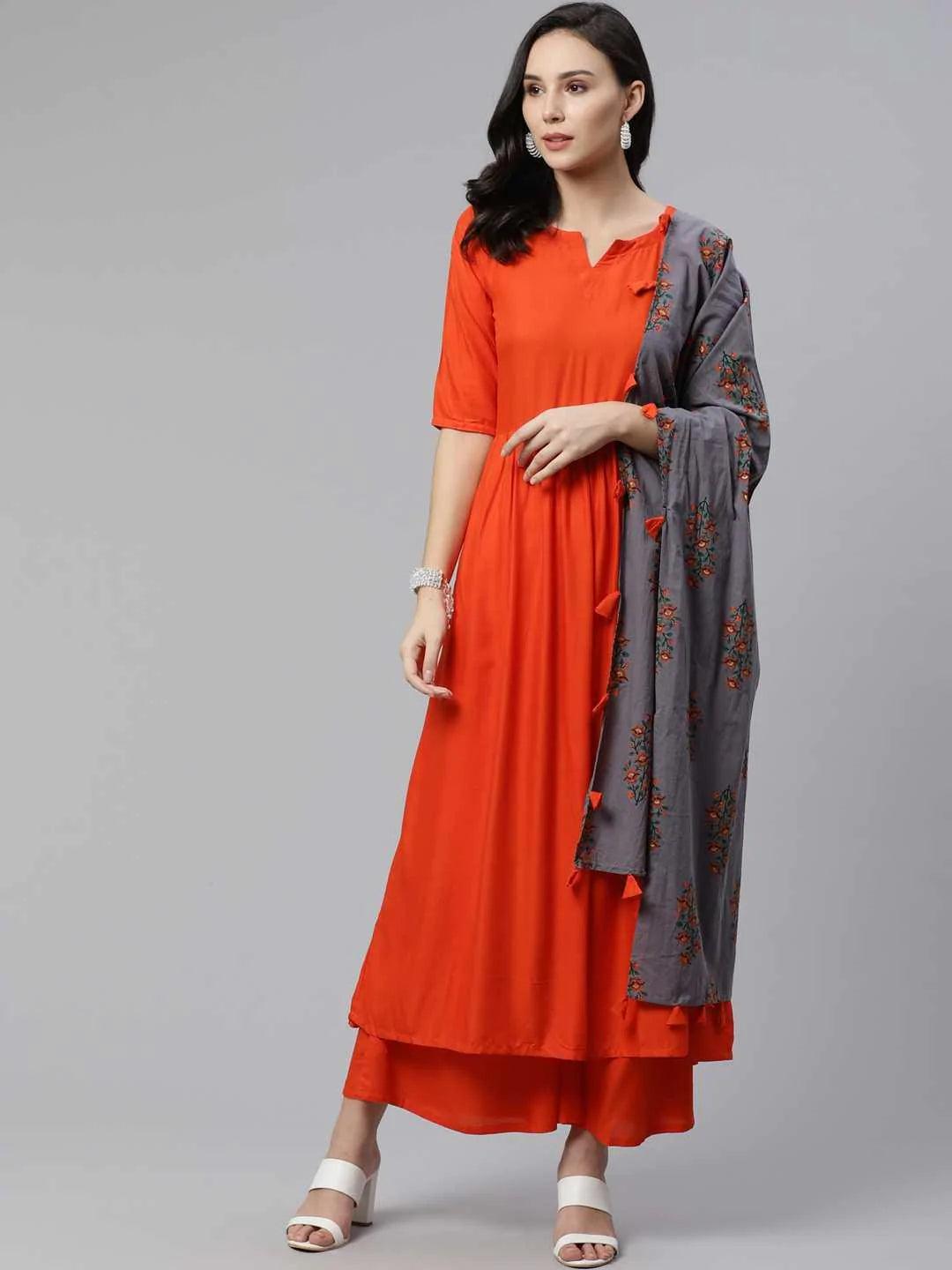 Orange Solid Rayon Suit Set