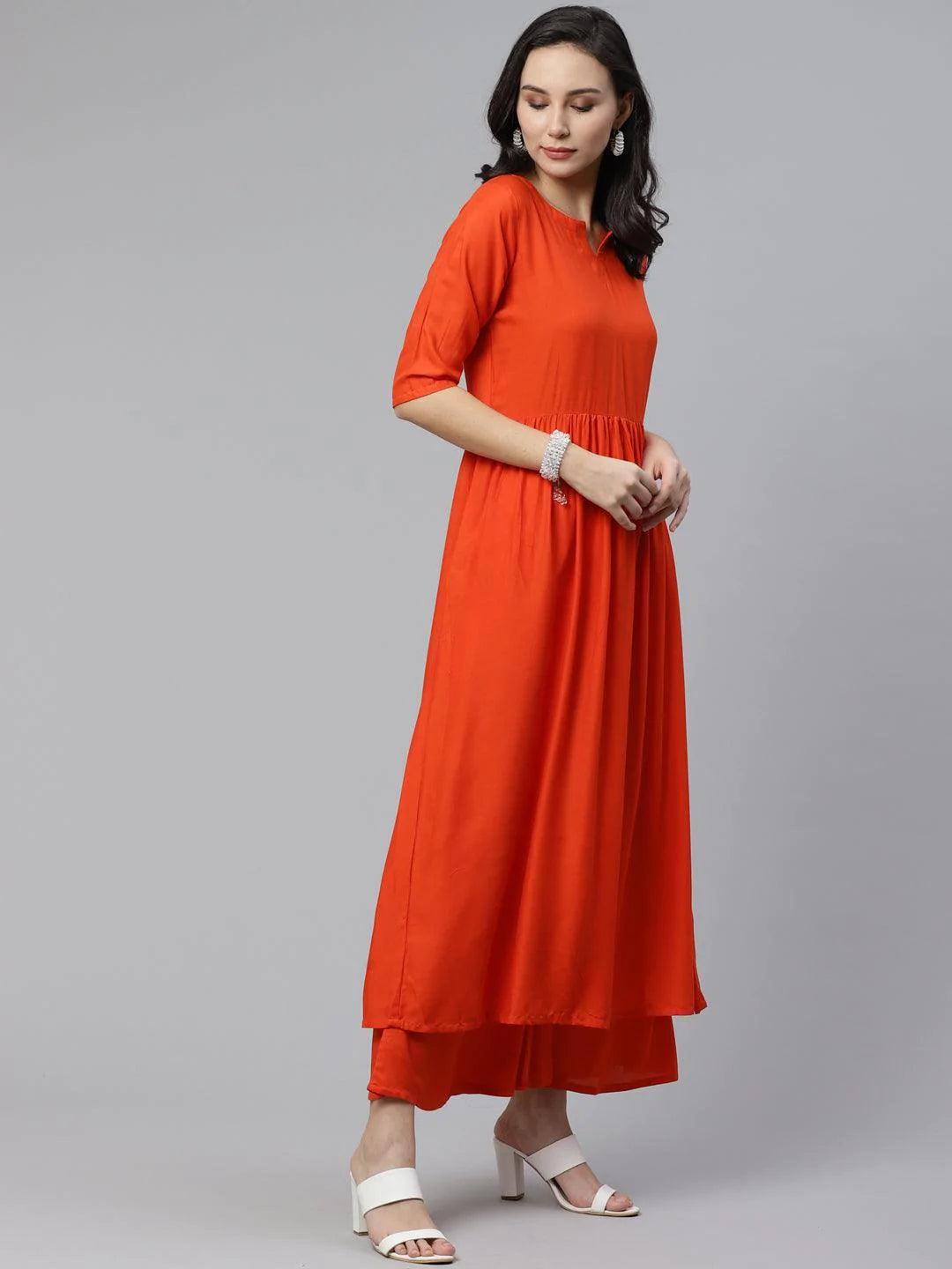 Orange Solid Rayon Suit Set