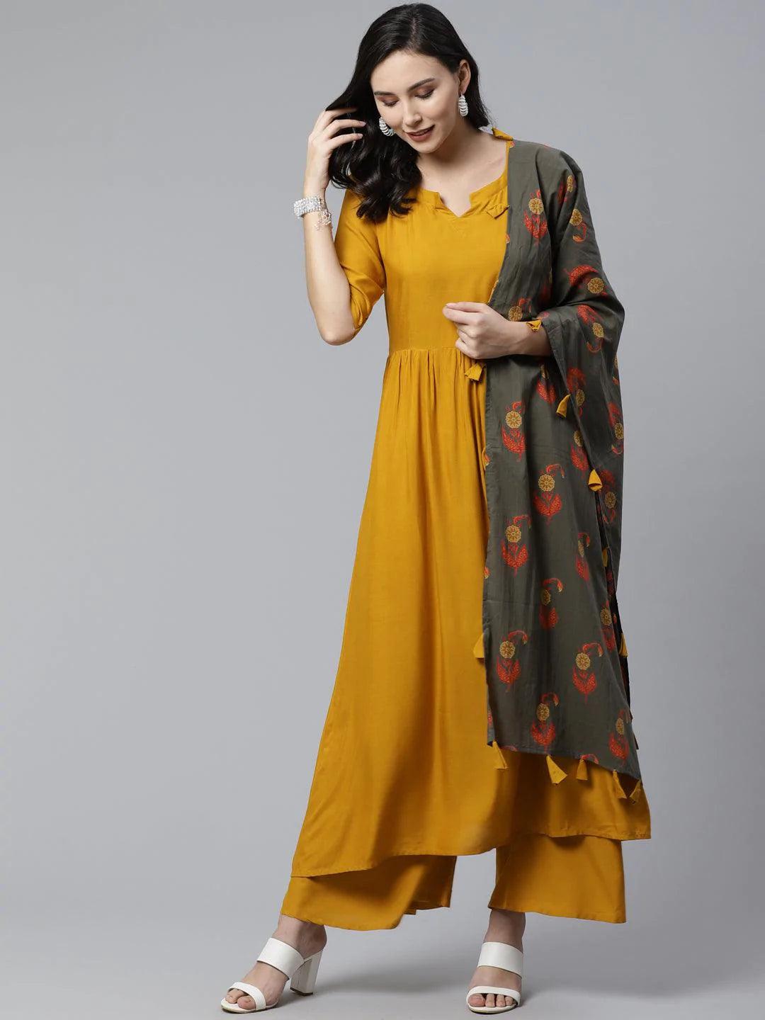 Yellow Solid Rayon Suit Set