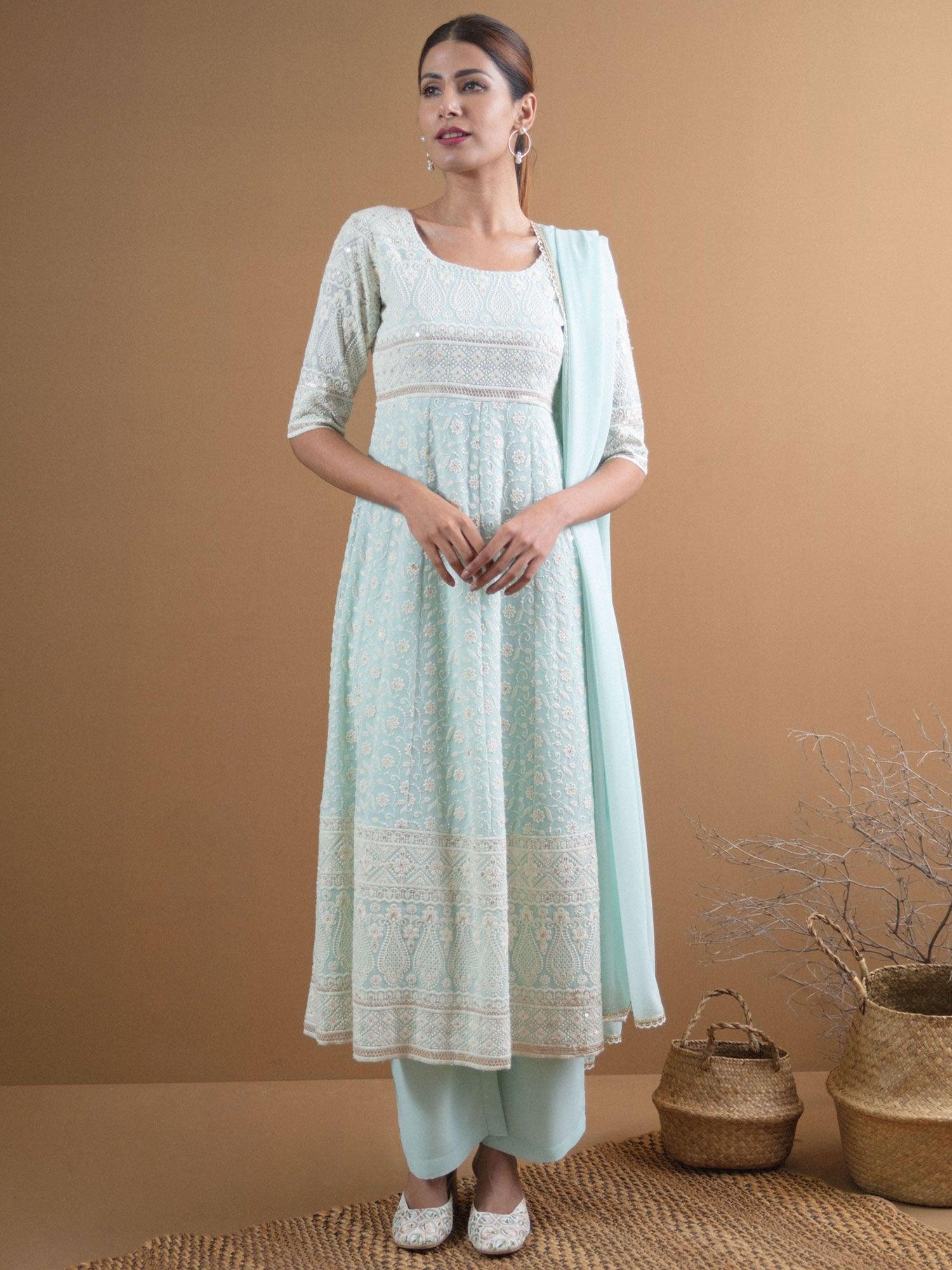 REYNA Blue Embroidered Georgette Suit Set