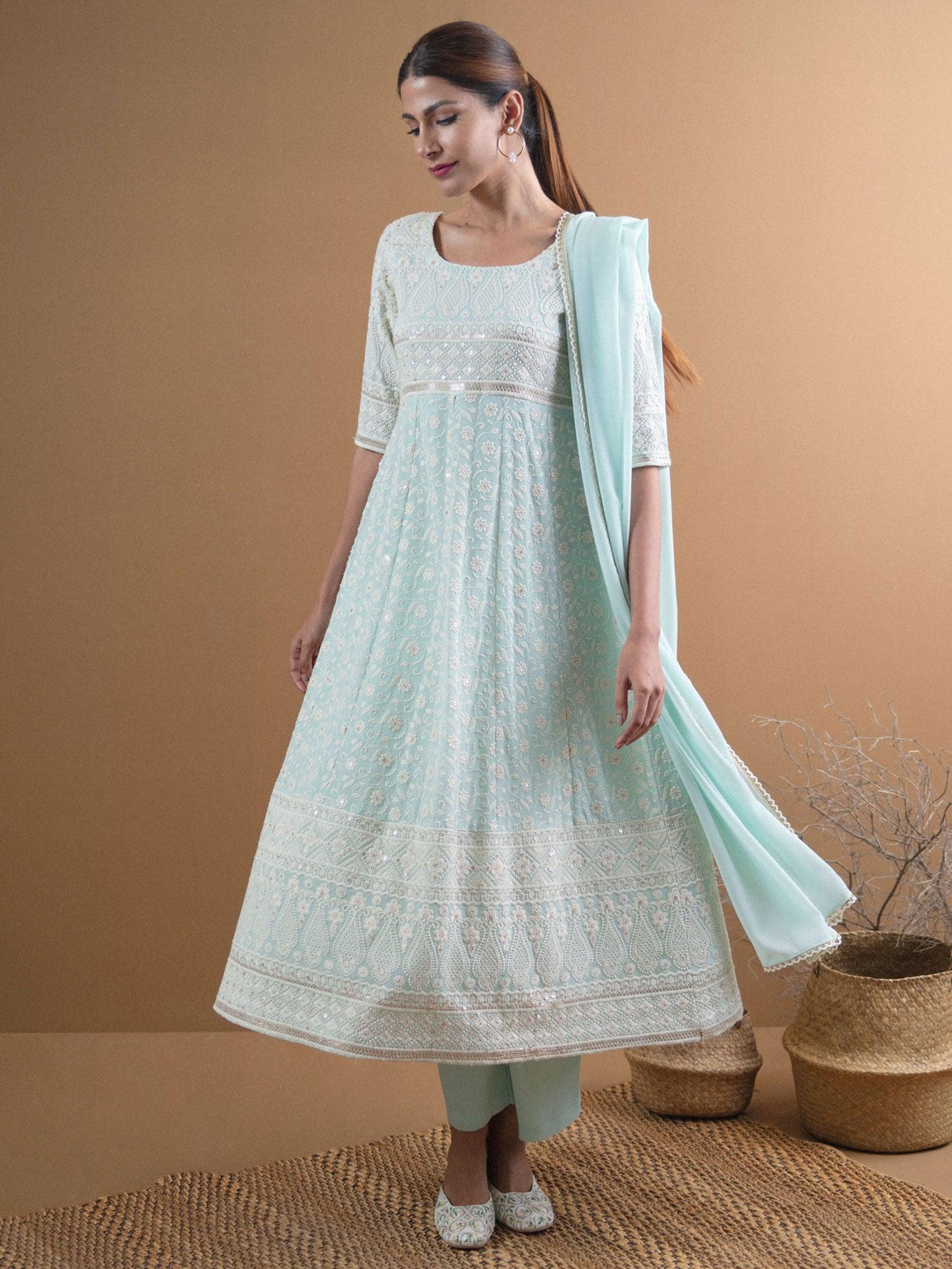 REYNA Blue Embroidered Georgette Suit Set