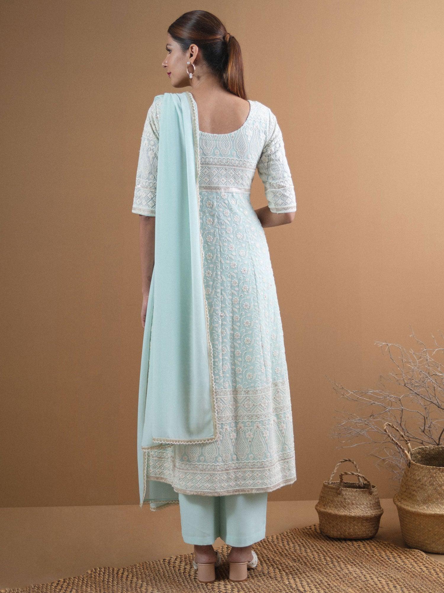 REYNA Blue Embroidered Georgette Suit Set