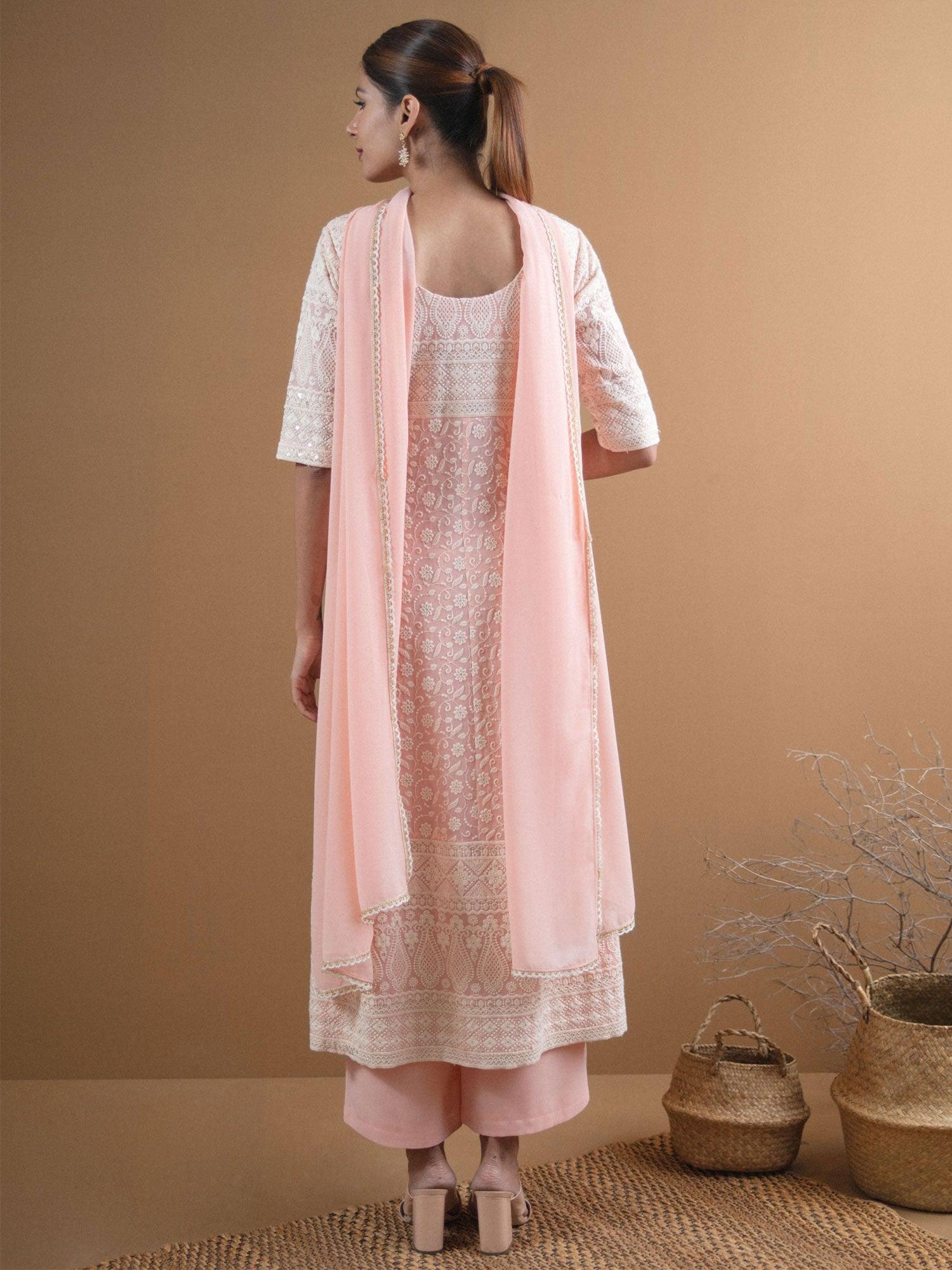 REYNA Pink Embroidered Georgette Suit Set