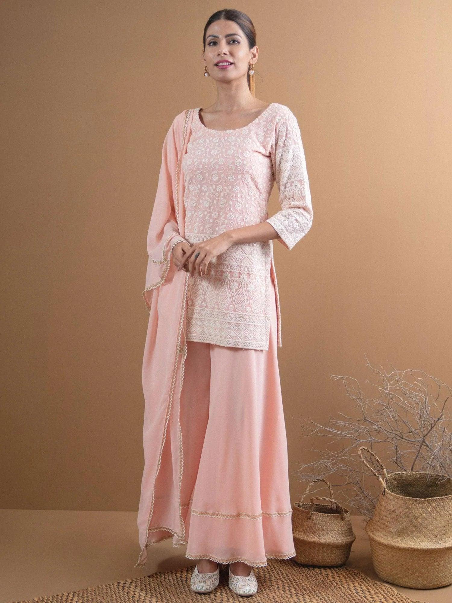 KAYRA Pink Embroidered Georgette Suit Set