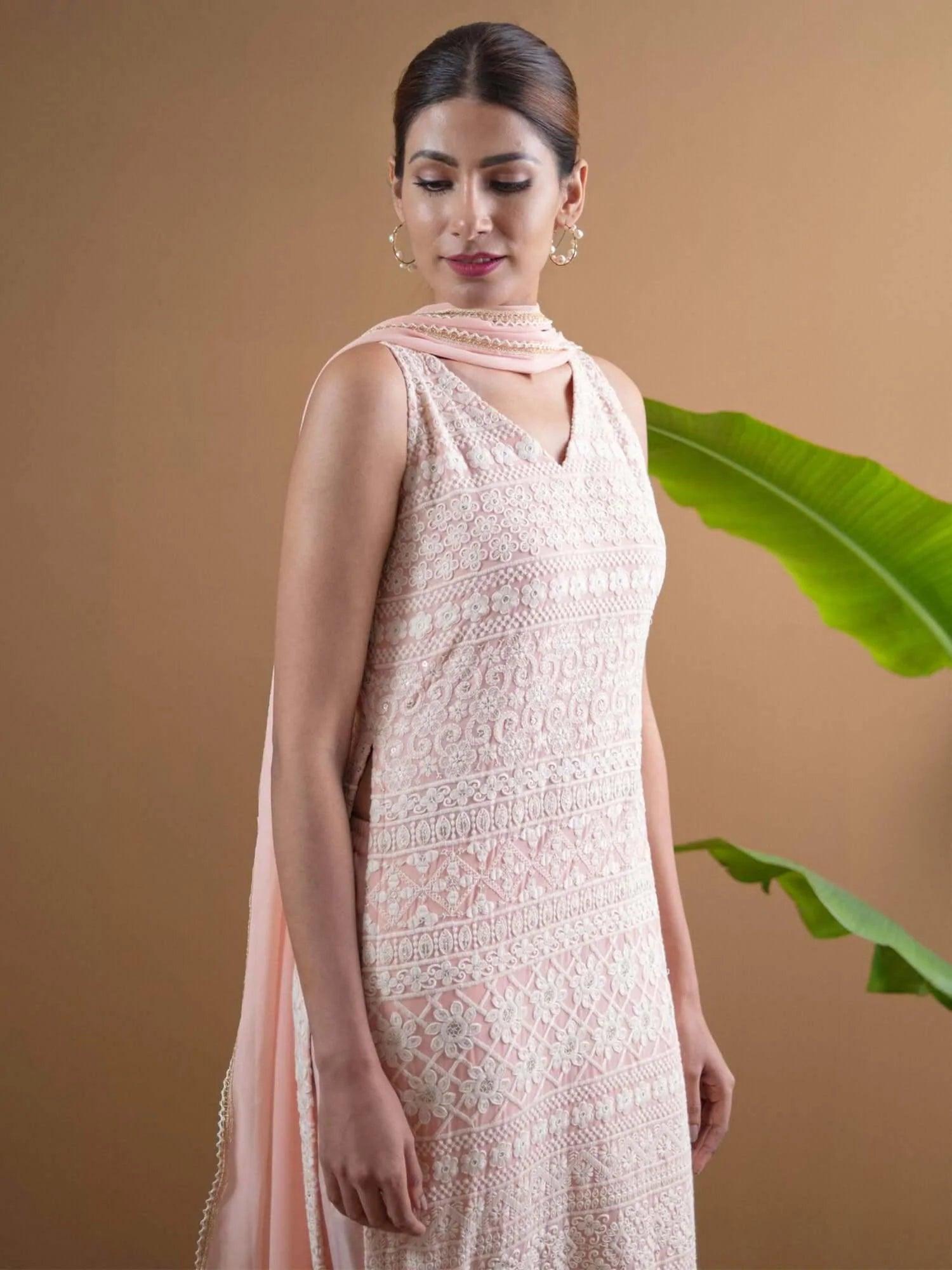 AAVYA Pink Embroidered Georgette Suit Set