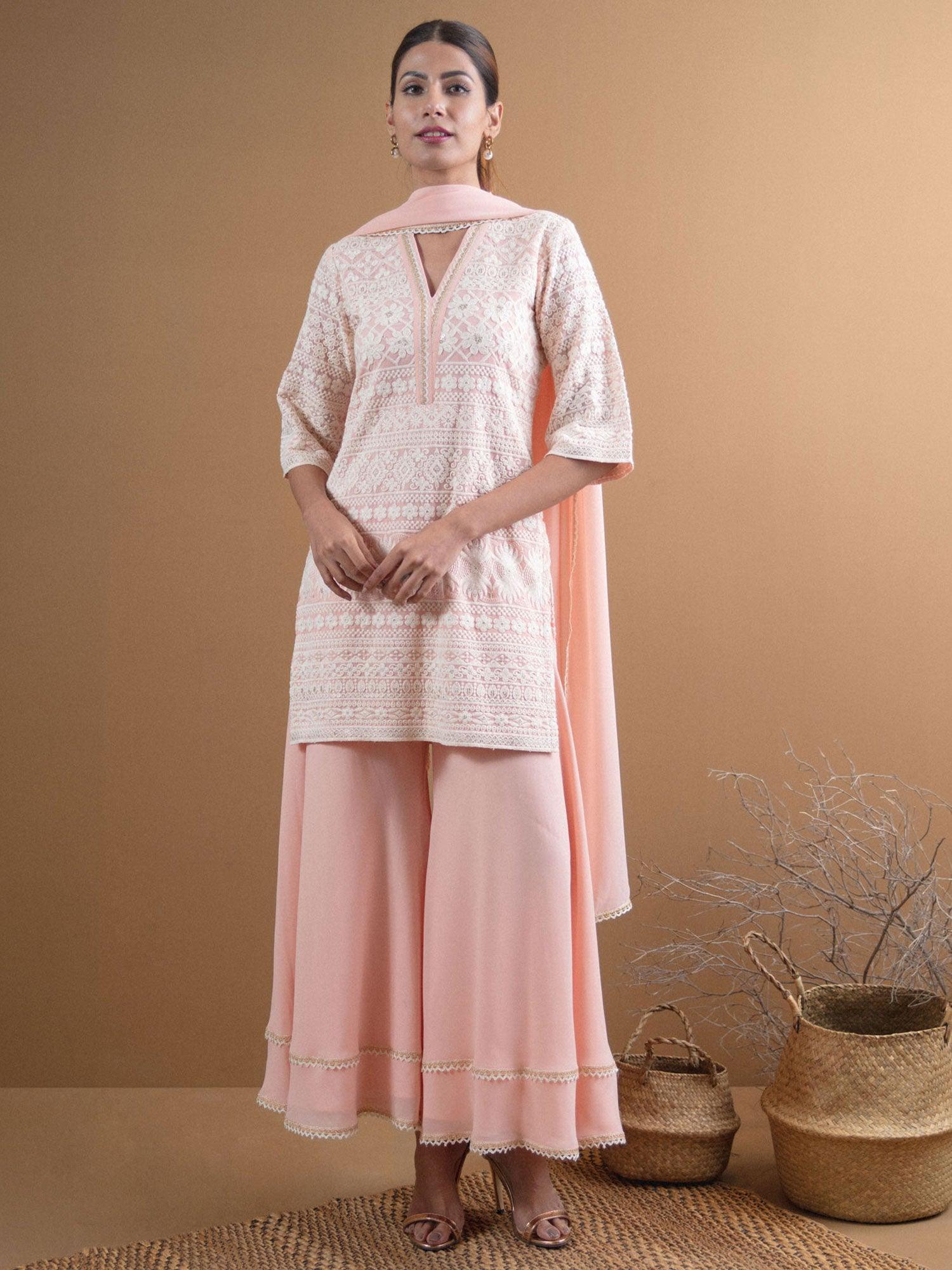 KASHVI Pink Embroidered Georgette Suit Set