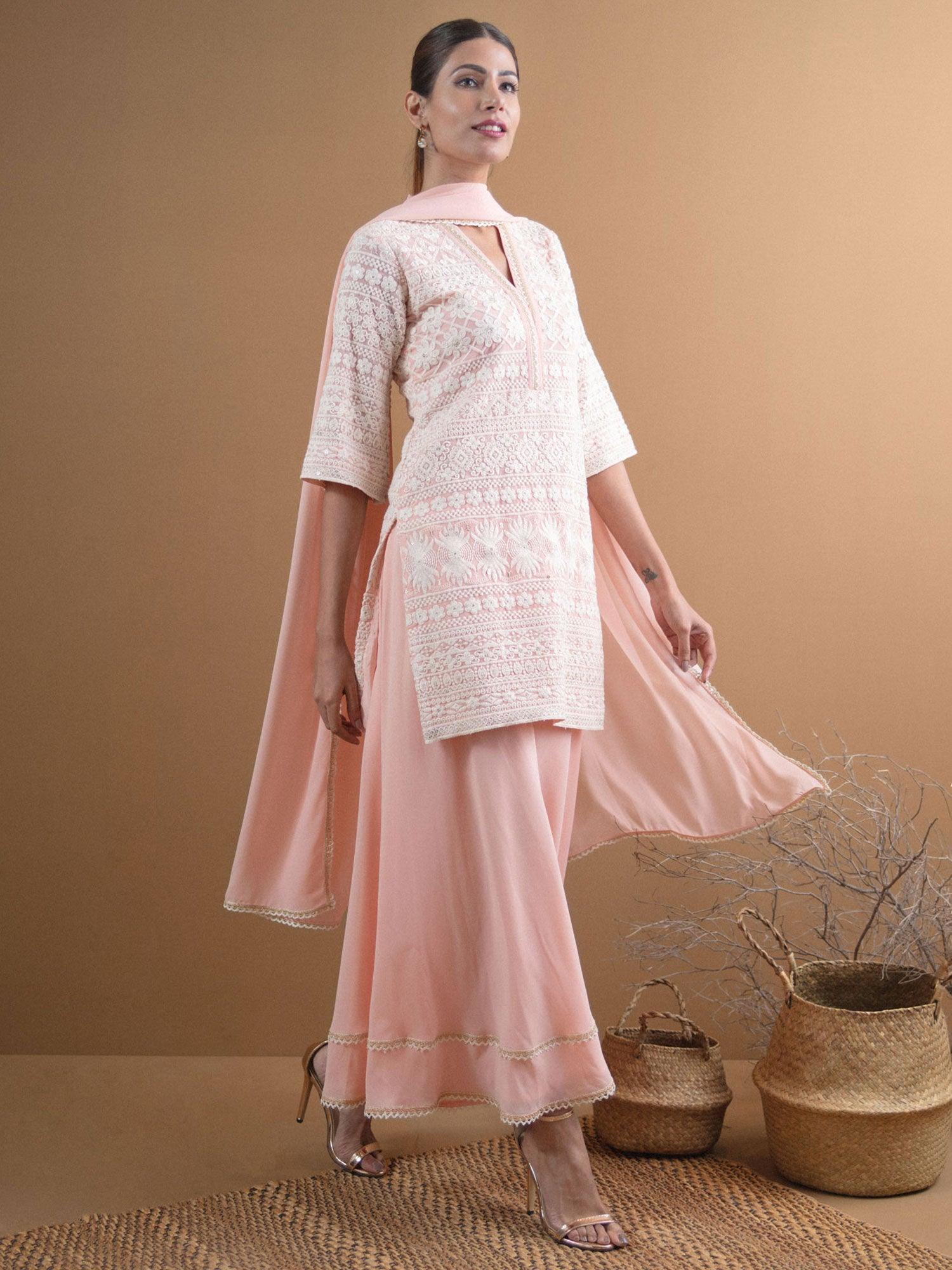 KASHVI Pink Embroidered Georgette Suit Set