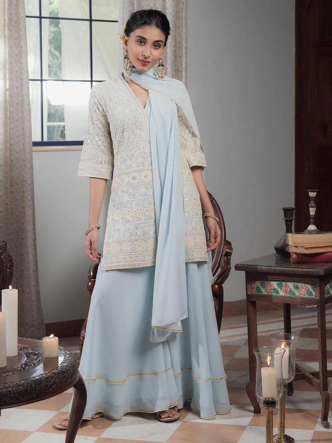 KASHVI Blue Embroidered Georgette Suit Set