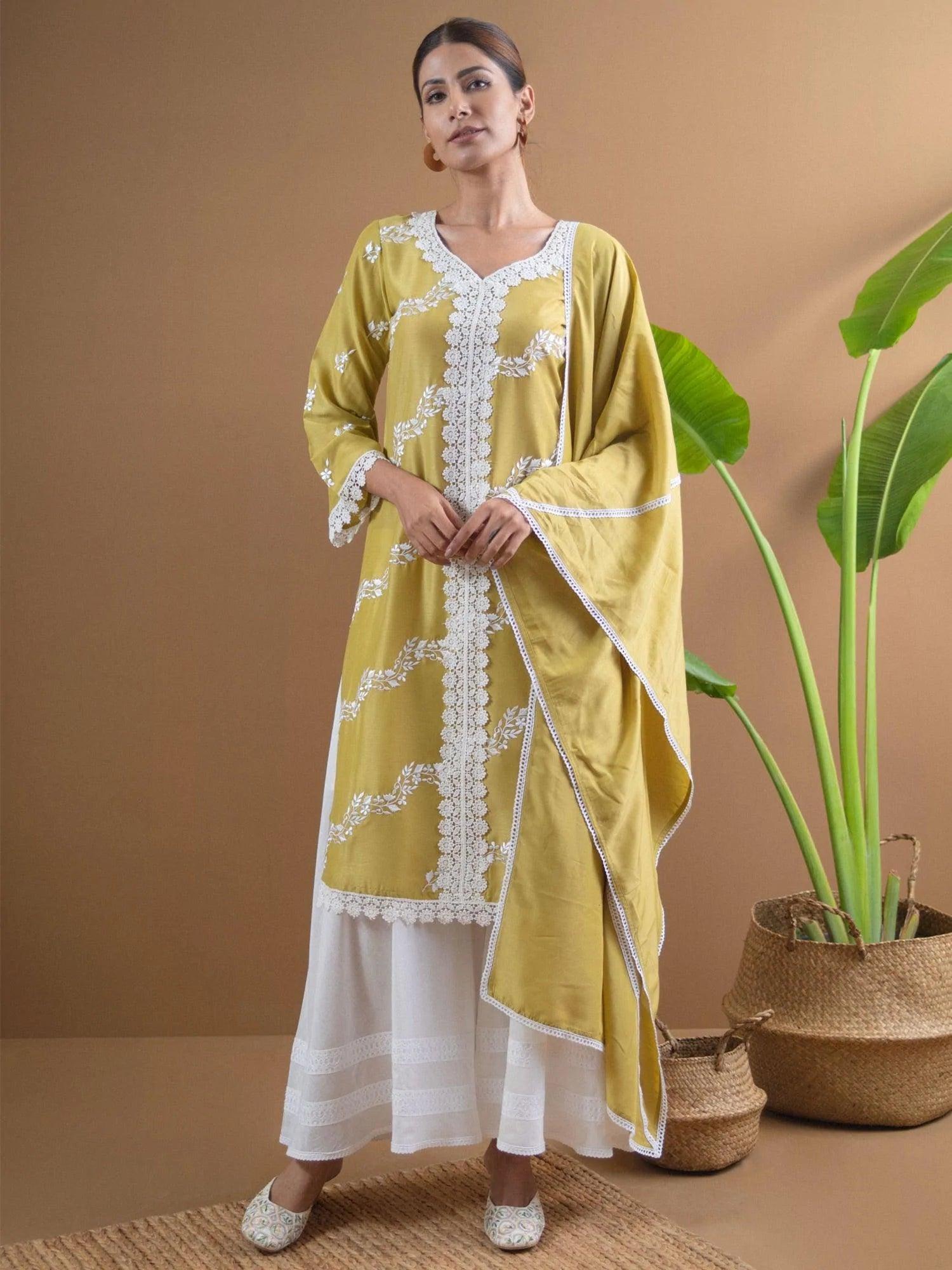 Olive Green Embroidered Cotton Suit Set