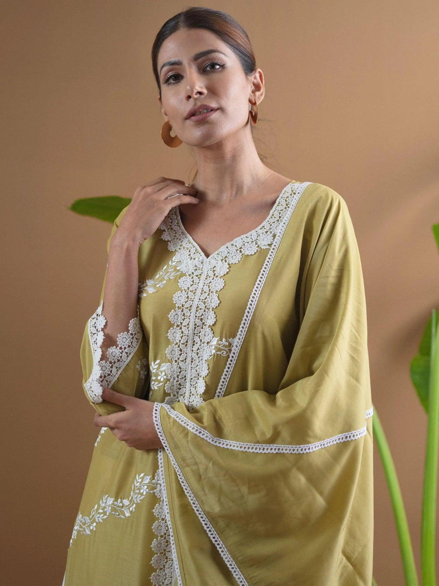 Olive Green Embroidered Cotton Suit Set