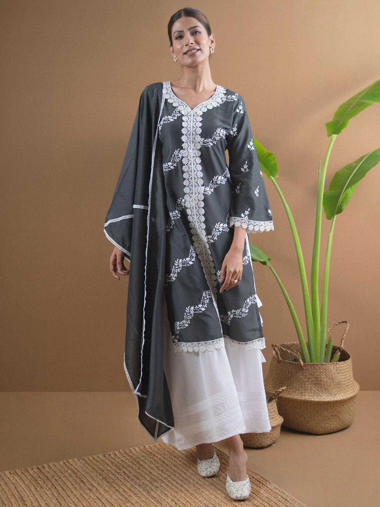 Grey Embroidered Shantoon Suit Set