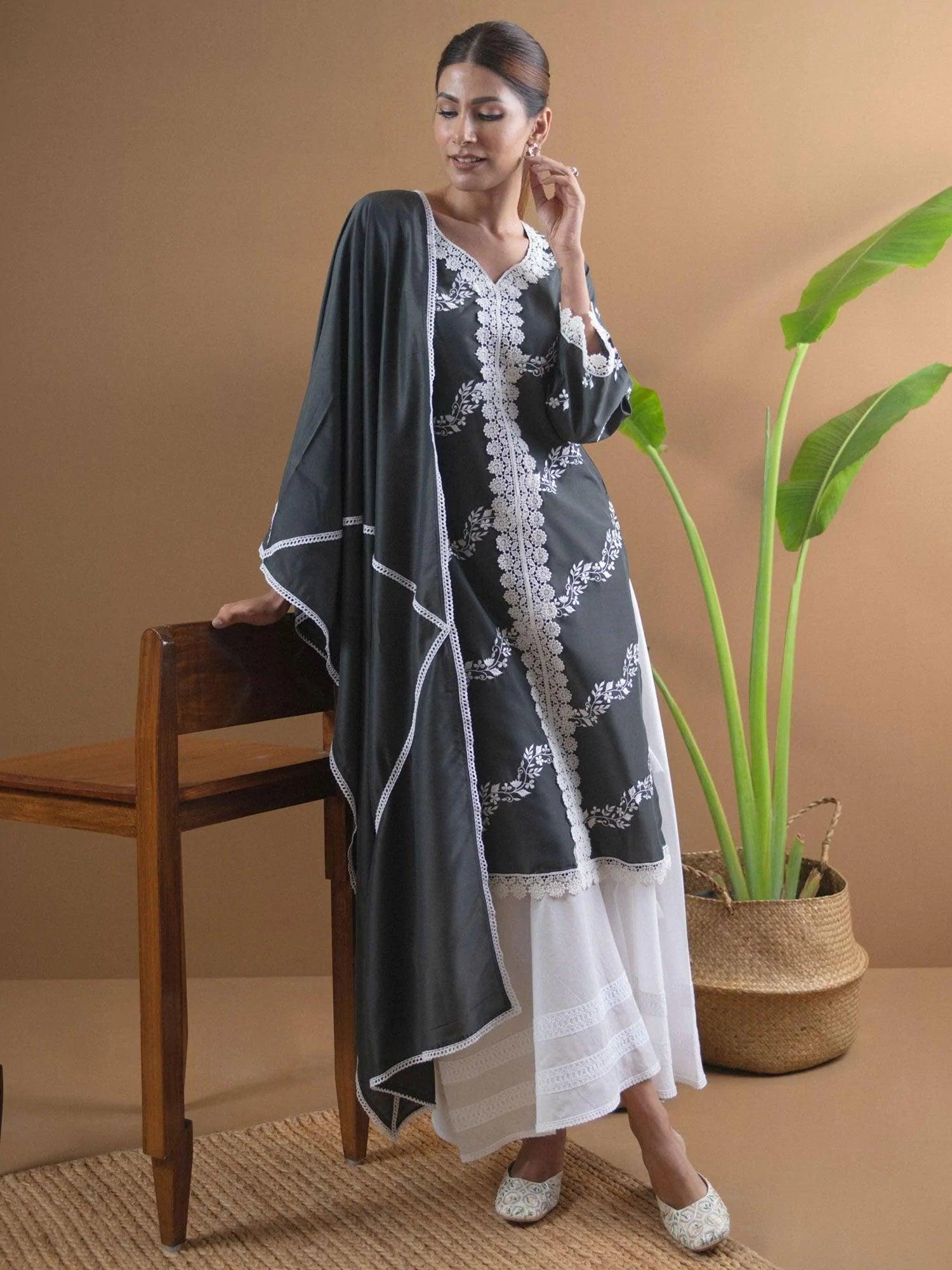 Grey Embroidered Shantoon Suit Set