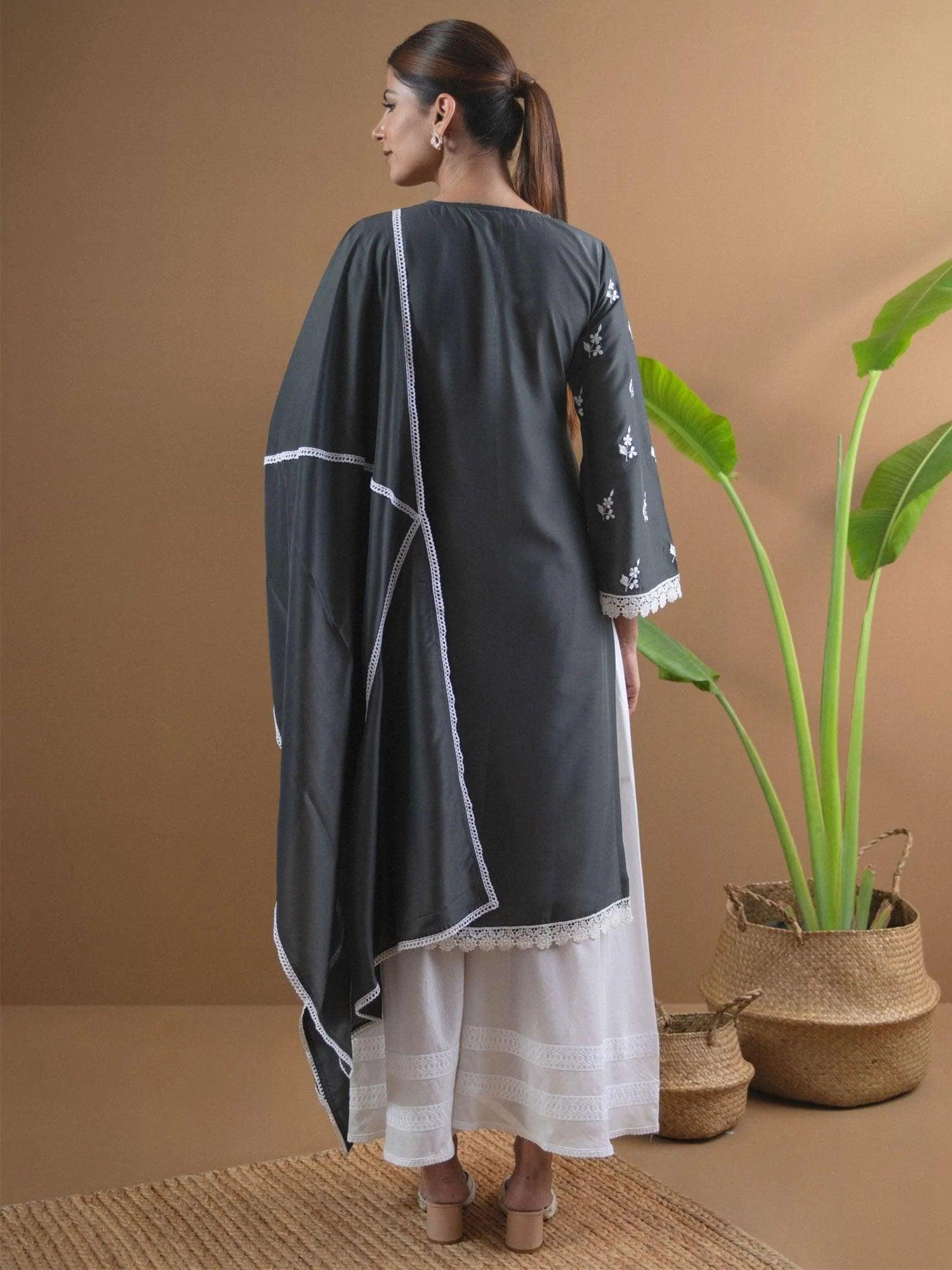 Grey Embroidered Shantoon Suit Set