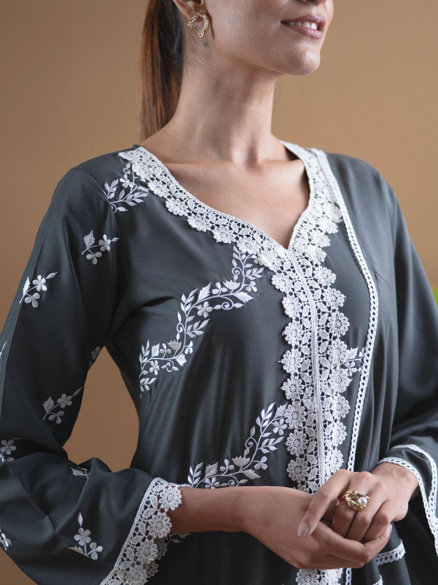 Grey Embroidered Shantoon Suit Set