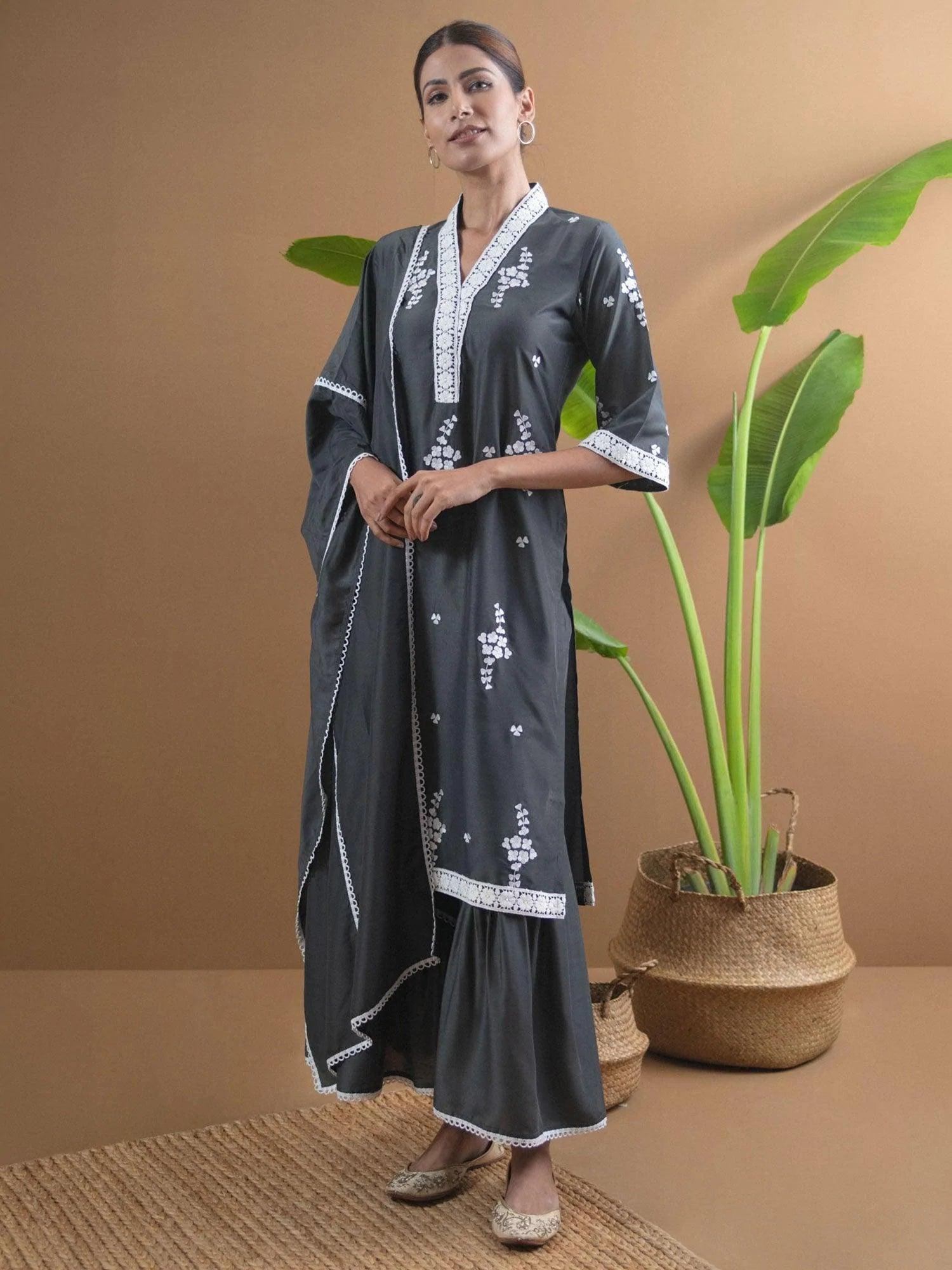 Grey Embroidered Shantoon Suit Set