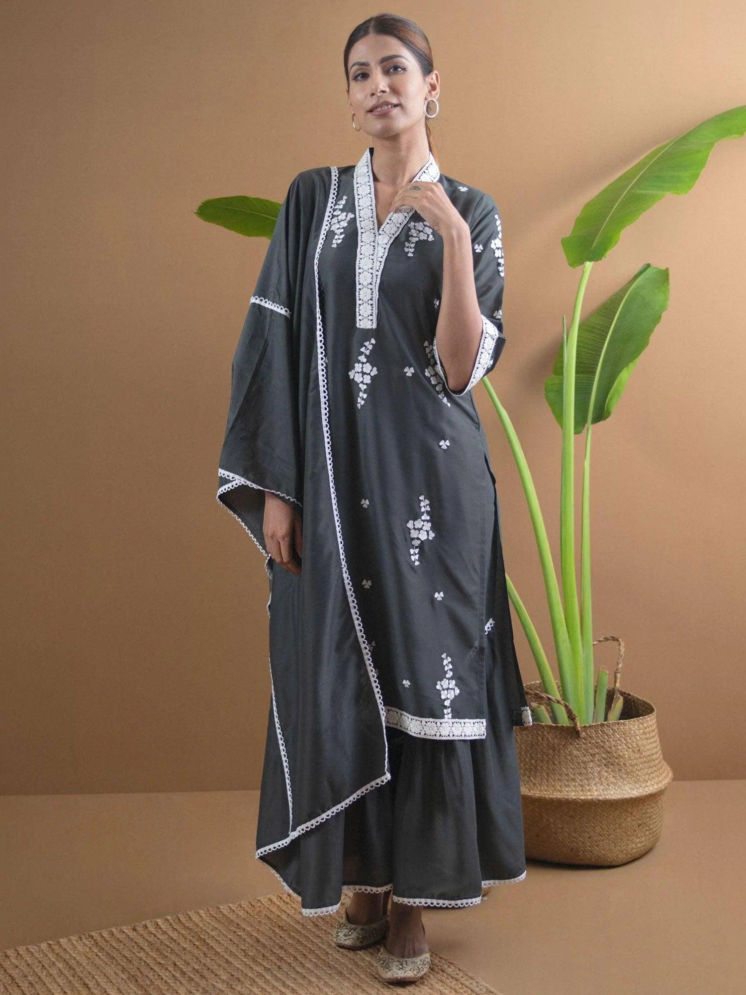 Grey Embroidered Shantoon Suit Set