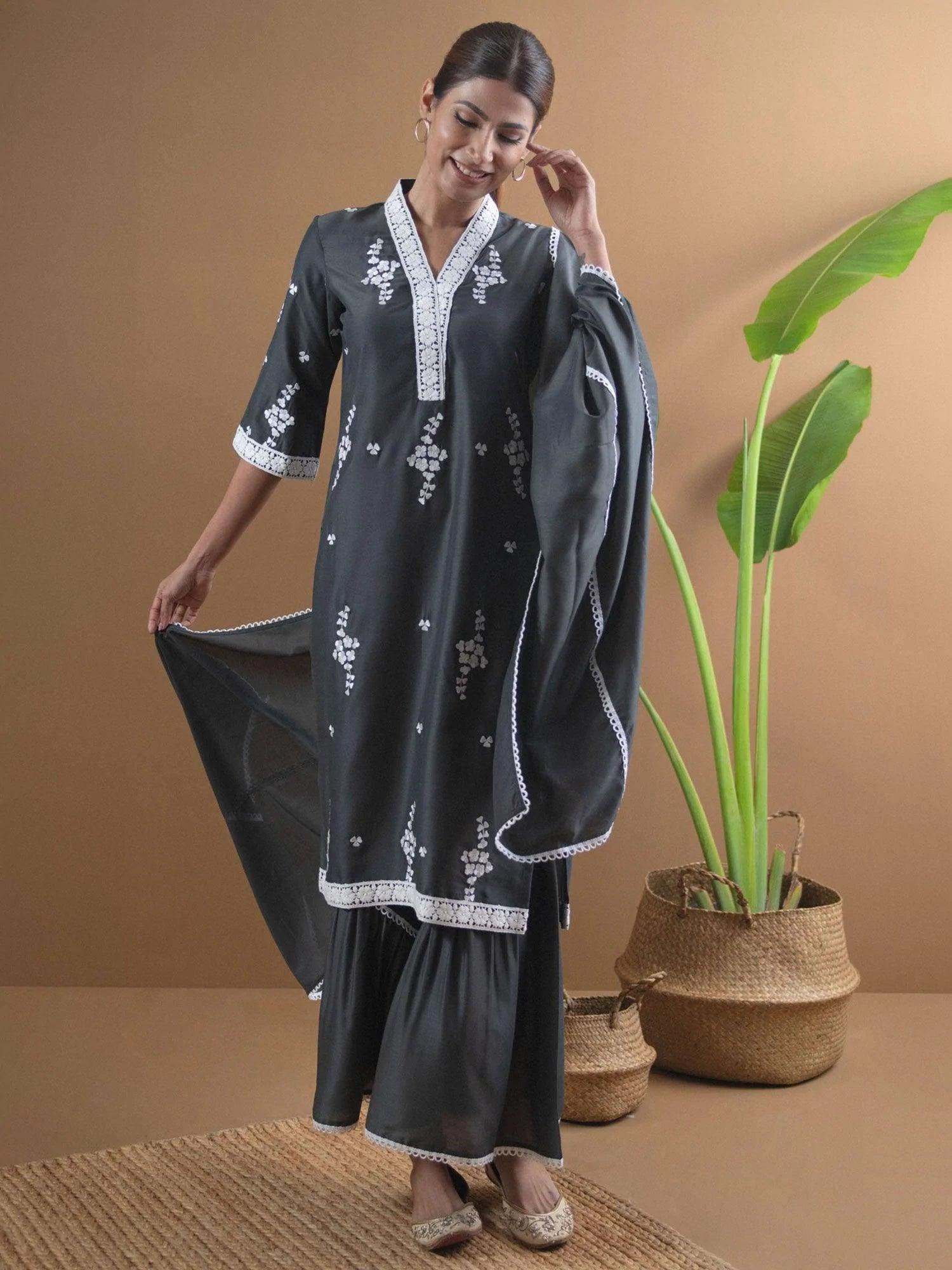 Grey Embroidered Shantoon Suit Set