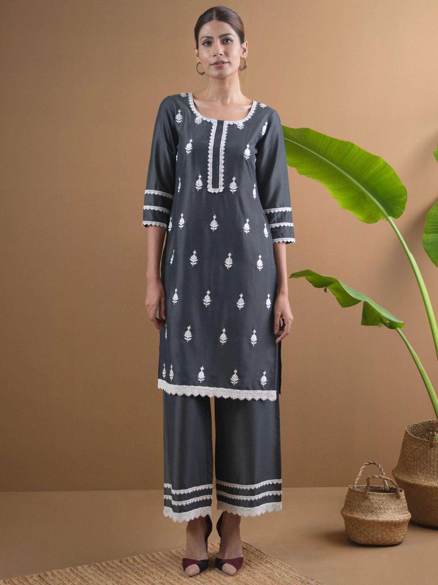 Grey Embroidered Shantoon Kurta Set