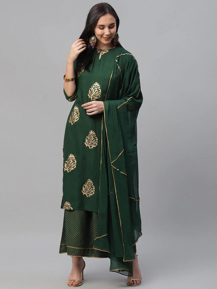 Green Printed Rayon Suit Set - ShopLibas