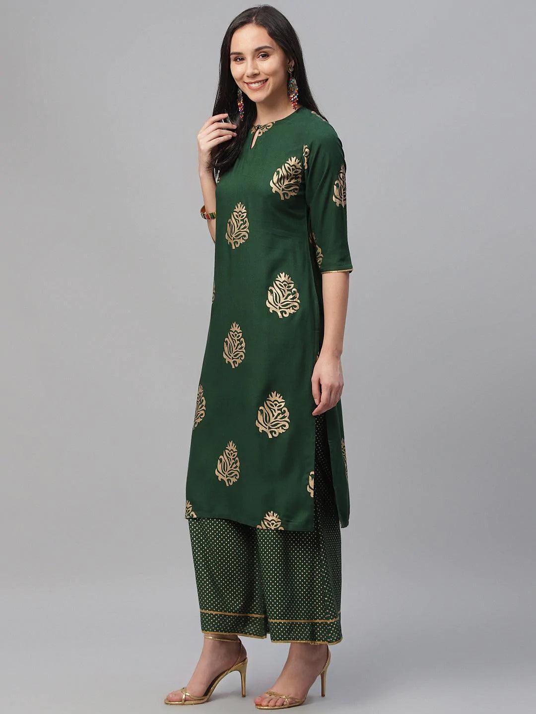 Green Printed Rayon Suit Set - ShopLibas