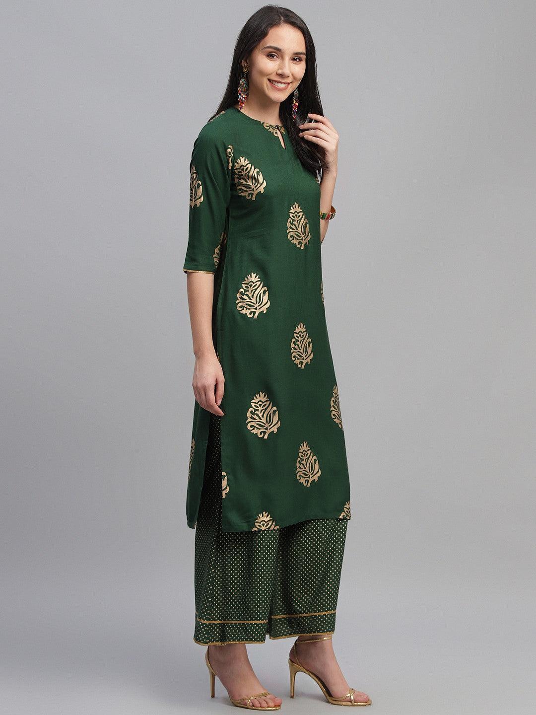 Green Printed Rayon Suit Set - ShopLibas