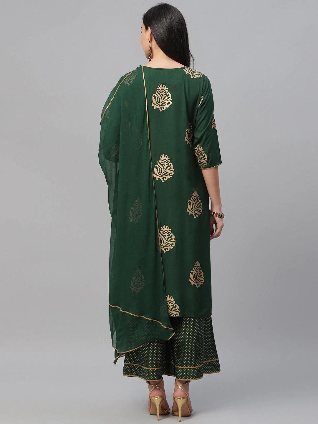 Green Printed Rayon Suit Set - ShopLibas