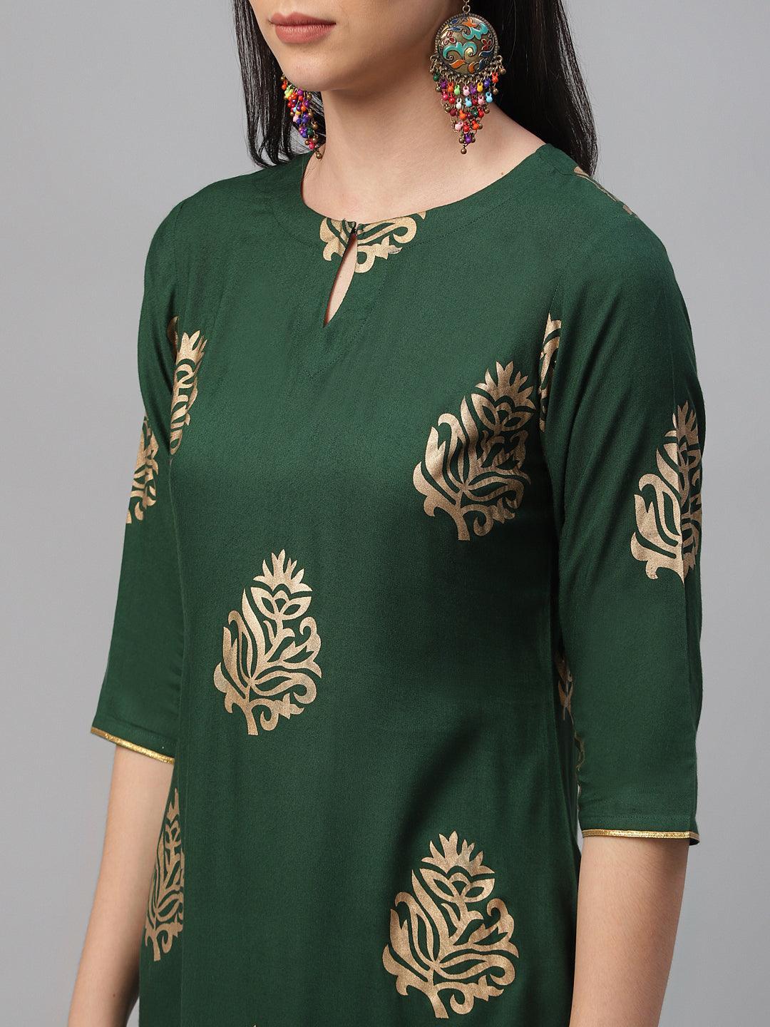 Green Printed Rayon Suit Set - ShopLibas