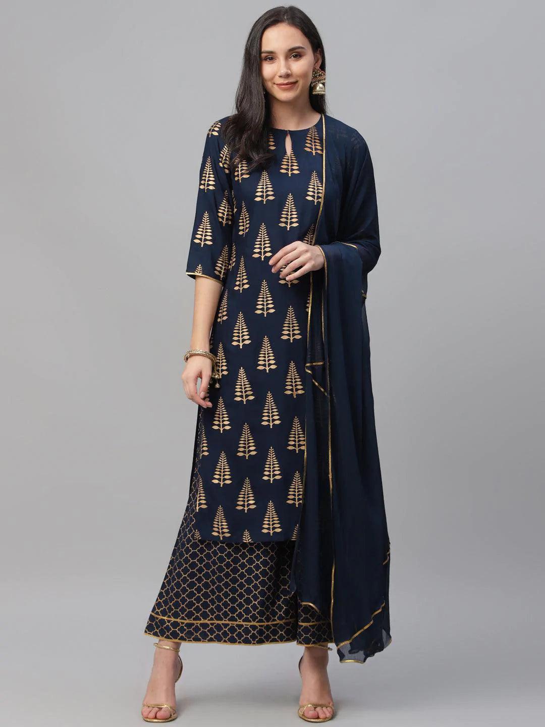 Blue Printed Rayon Suit Set - ShopLibas