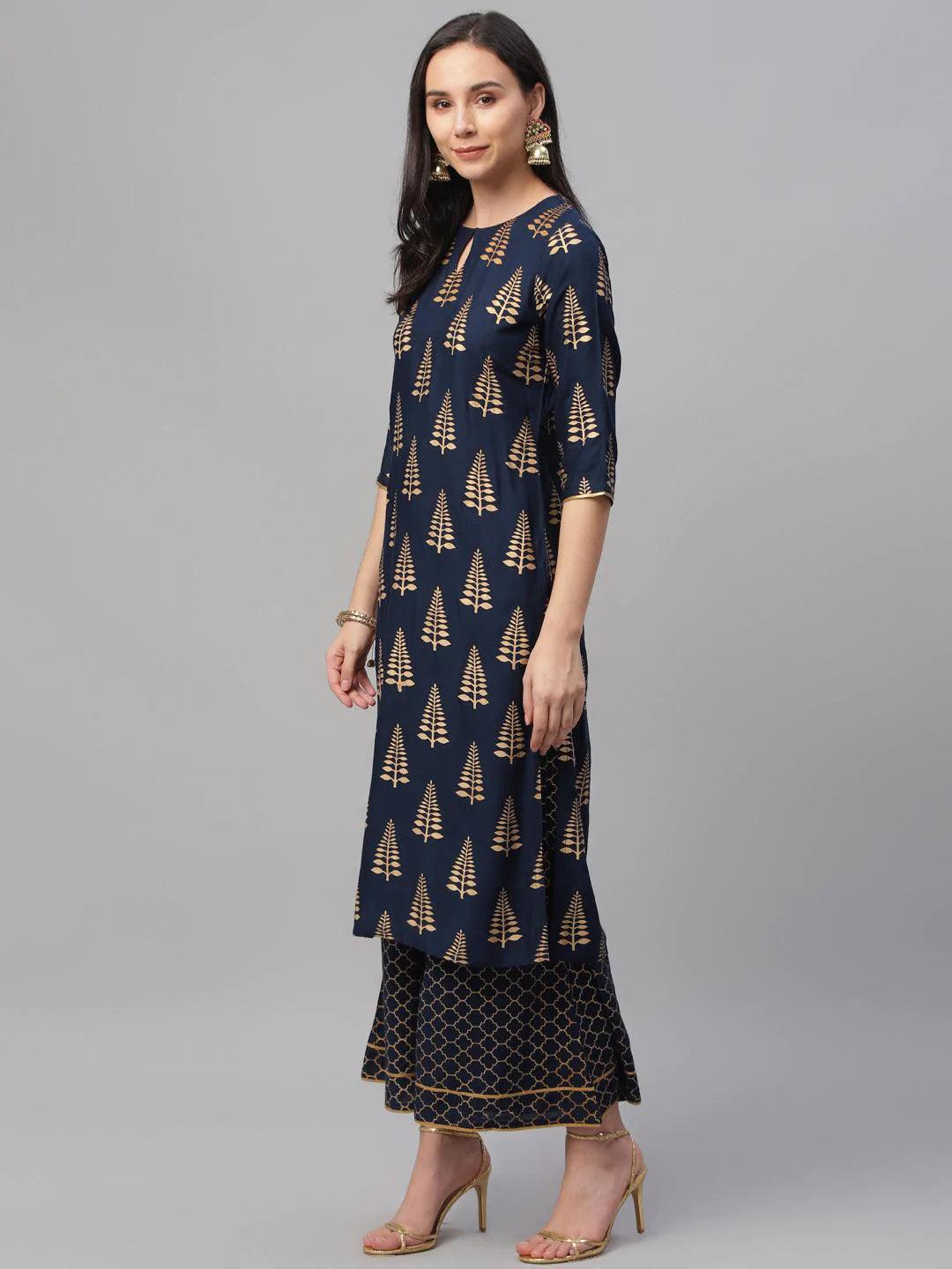 Blue Printed Rayon Suit Set - ShopLibas