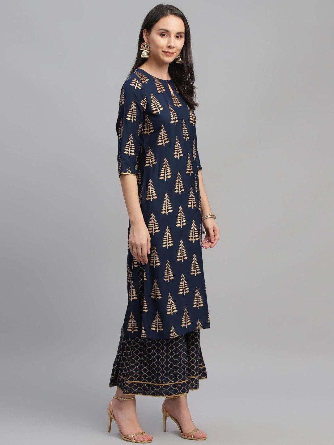 Blue Printed Rayon Suit Set - ShopLibas