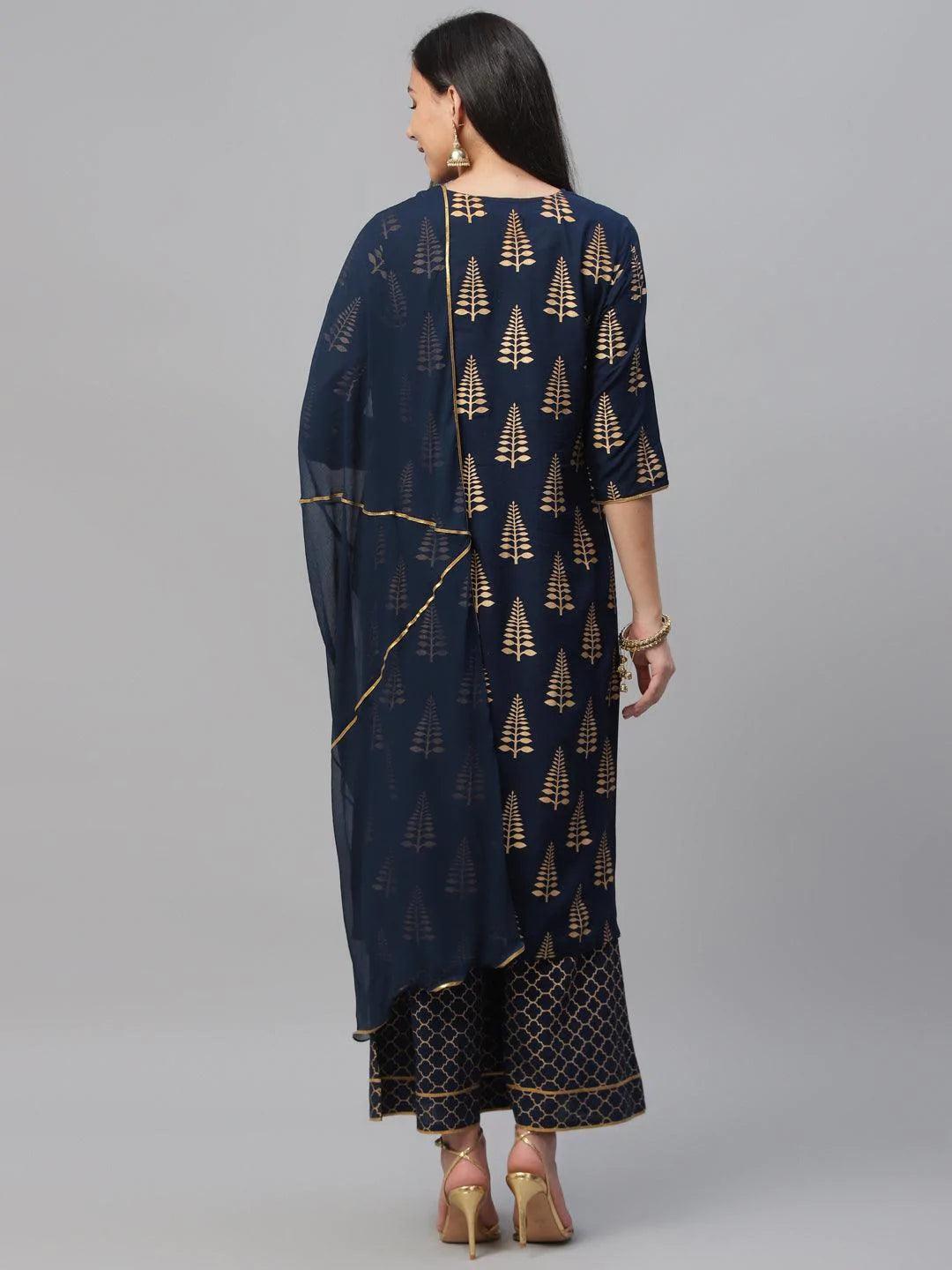 Blue Printed Rayon Suit Set - ShopLibas