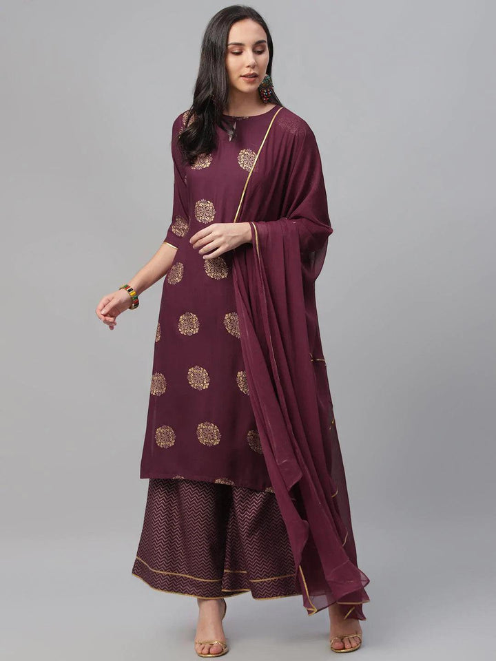 Maroon Printed Rayon Suit Set - ShopLibas