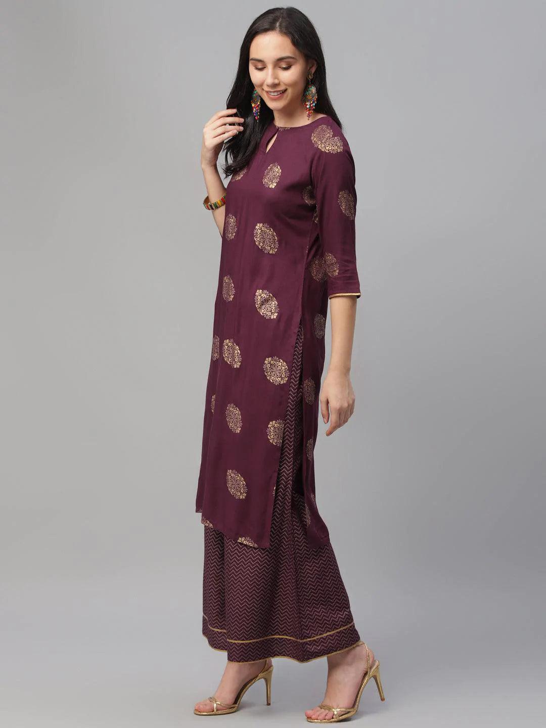 Maroon Printed Rayon Suit Set