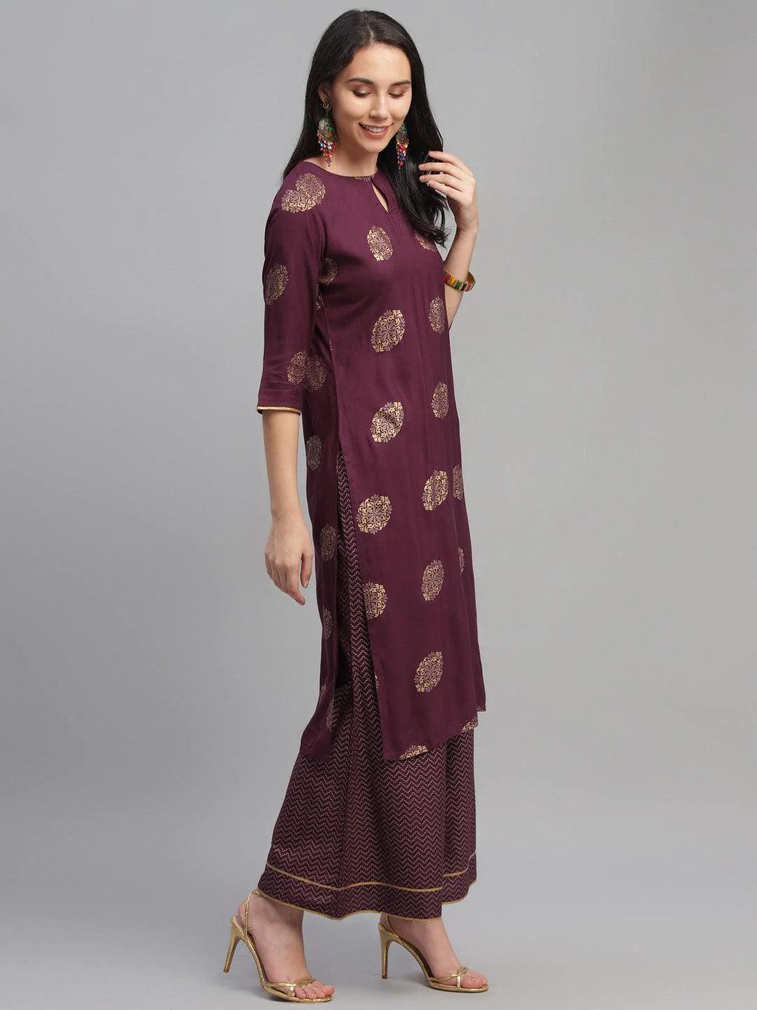 Maroon Printed Rayon Suit Set