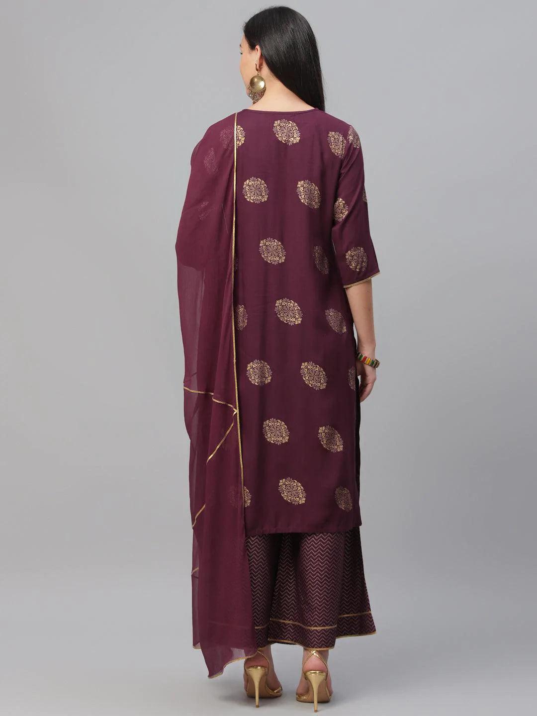 Maroon Printed Rayon Suit Set