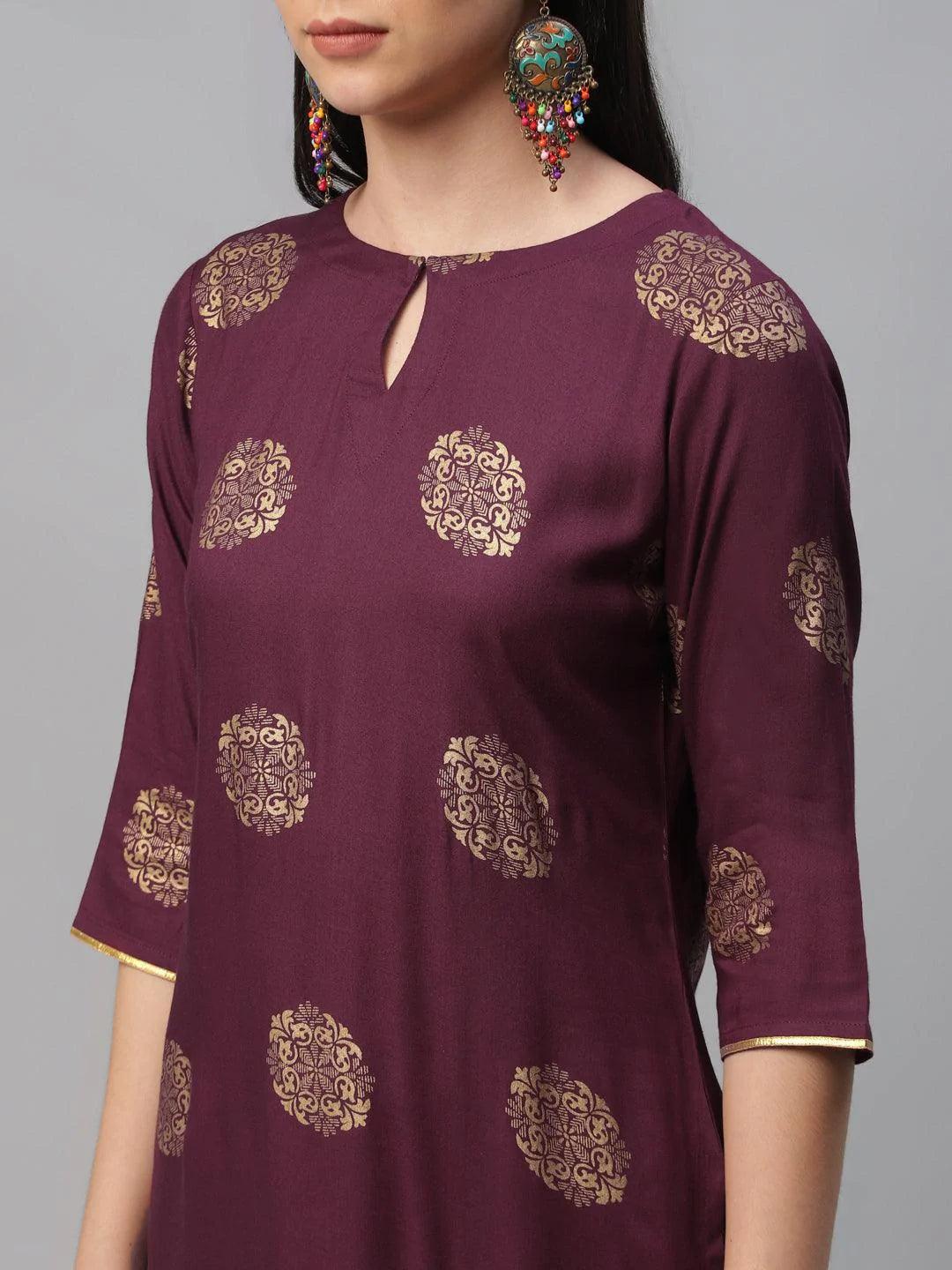 Maroon Printed Rayon Suit Set