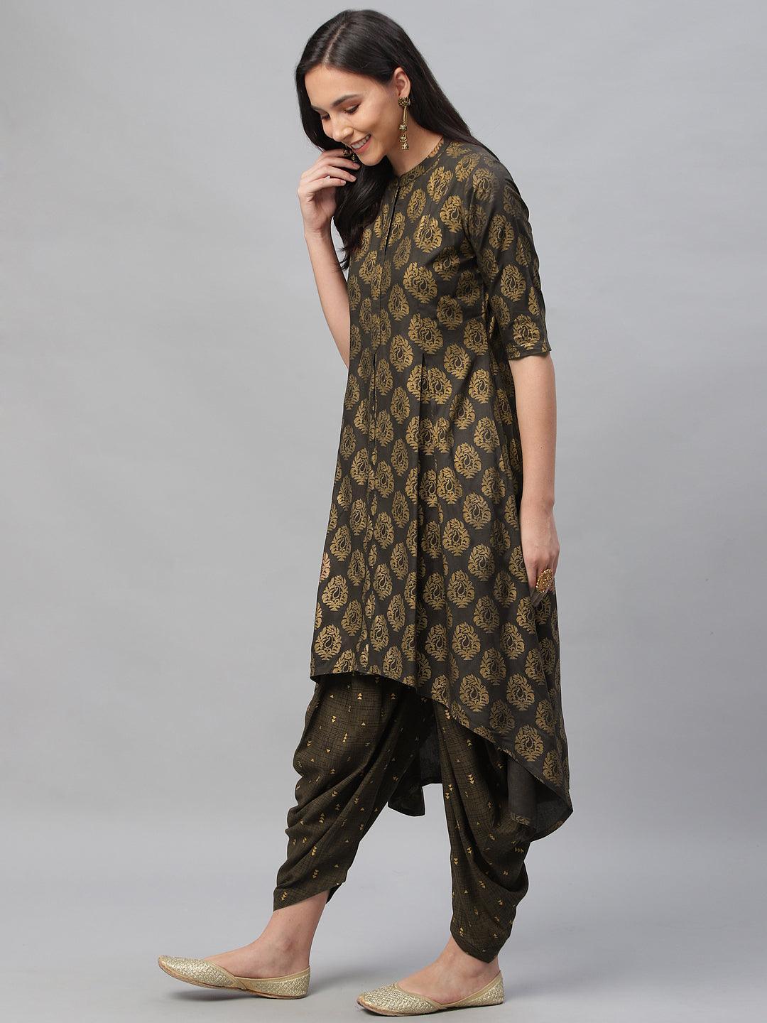 Grey Printed Cotton Kurta Set